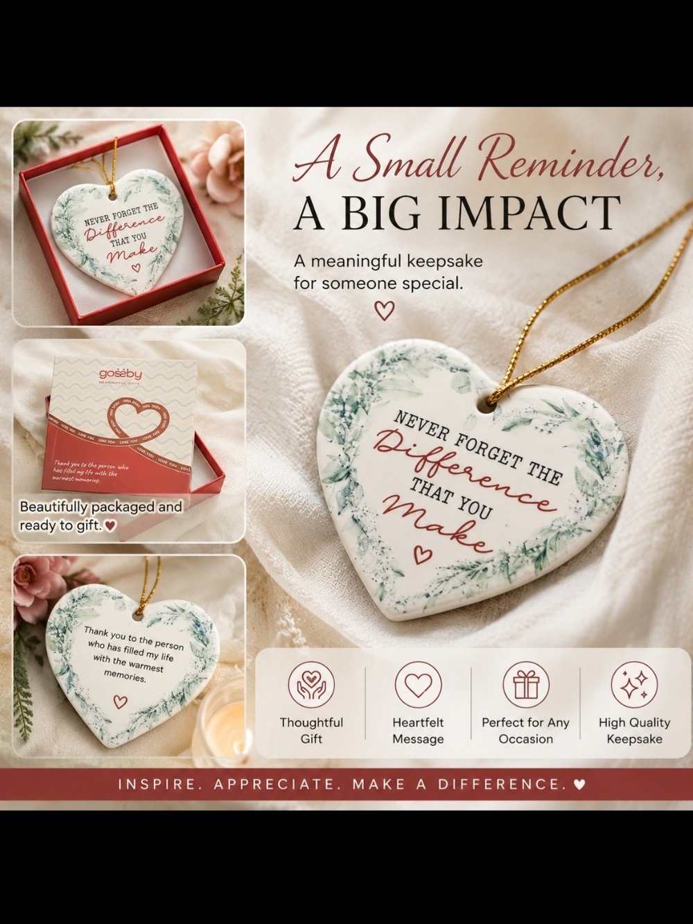Heart Keepsake Ornament by — White and Green Ceramic Gift